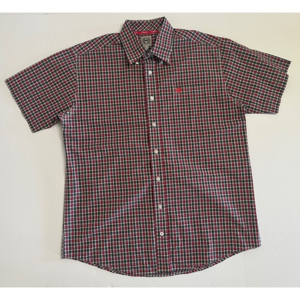 Cinch Mens Short Sleeve Plaid Button Down Western Shirt Red Black White Small